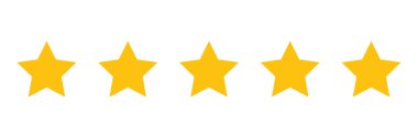 Temiz, vektör illüstrasyonunda beyaz bir zemin üzerinde yatay olarak dizilmiş beş özdeş altın yıldız bulunur. Yıldızlar eşit aralıktadır ve yukarı doğru işaret eder. Bu da mükemmel bir puanı ya da en yüksek kaliteyi simgeler..