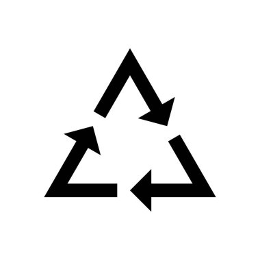 Üçgen şeklinde dizilmiş üç kovalayan oktan oluşan katıksız siyah evrensel geri dönüşüm sembolü. Bu simgesel amblem yeniden kullanım ve sürdürülebilirlik sürecini simgeler.