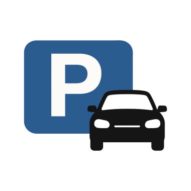 Temiz, vektör grafiği koyu mavi bir kare, beyaz P harfi ile, park yeri anlamına geliyor, siyah bir arabanın siluetinin yanında..