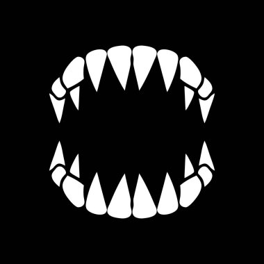 Keskin, beyaz sivri dişlerin, hem üst hem de alt kümelerinin grafiksel bir çizimi, koyu siyah bir arkaplana karşı belirgin bir şekilde sergilenerek, keskin ve tehditkar bir görüntü oluşturur..