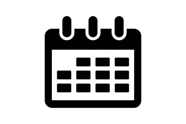 Bu grafik koyu siyah bir takvim simgesine sahiptir. Takvim, üzerinde açık bir spiral bağlayıcı ile bir zamanlama veya planlama aracı öneren bir ızgara günler gösterir.