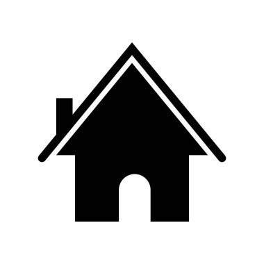 Klasik bir ev şeklindeki tipik bir siyah siluet, temiz beyaz arka planda sunuluyor. Belirgin bir çatı, tek bir baca ve kemerli bir kapı aralığı içerir..