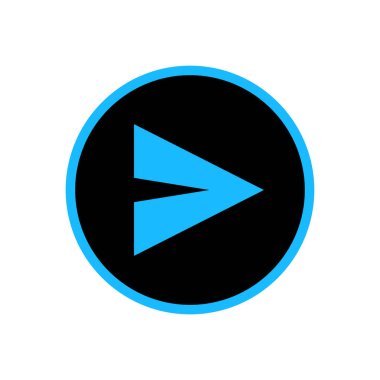 Siyah bir çemberin içinde, parlak mavi renkte yapılmış, stilize edilmiş, geometrik bir çalma tuşu. İkonda, dijital ortam ve eylem hissi veren belirgin bir mavi kenar yer alıyor.