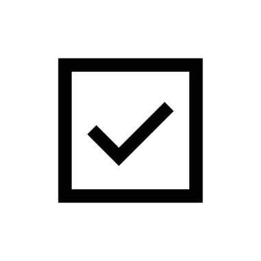 Kalın siyah bir kare çizgisi içinde, tasdik ve onayı sembolize eden, temiz beyaz bir arkaplana karşı köşegenli, cesur bir siyah kontrol işareti içeren minimalist bir grafik..