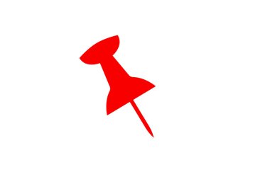 Bu resim tek bir canlı kırmızı raptiyeyi gösteriyor. Sivri metal iğnesi bir açıyla aşağıya doğru uzanırken düz, dairesel başı da yukarı doğru uzanıyor..