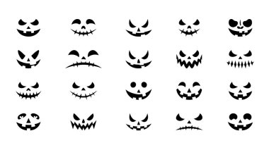 Bu resimde farklı, siyah beyaz Cadılar Bayramı balkabağı yüz tasarımları var. Mevsimlik el sanatları ve dekorasyonlara unutulmaz bir şenlik havası katıyor..