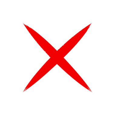 Canlı bir kırmızı 'X' sembolü belirgin bir şekilde beyaz bir arkaplanda sergilenmektedir. Bu grafik ögesi genellikle dijital arayüzler ve eğitim bağlamlarında kullanılan reddedilme, başarısızlık veya yanlış seçim kavramlarını iletir..