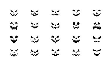 Bu resim, oyulmuş balkabağı yüzlerinin yirmi eşsiz, siyah ve beyaz çizimlerini içeriyor. Her yüz farklı bir korkutucu ya da haylaz ifade sergiliyor. Cadılar Bayramı teması için mükemmel..