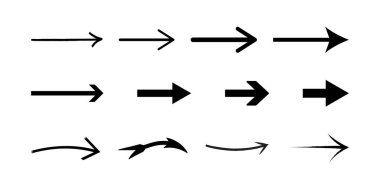 Beyaz zemin üzerinde on iki siyah oktan oluşan bir ızgara, basit çizgilerden kıvrımlı ve stilize tasarımlara kadar çeşitli stilleri sergiliyor.