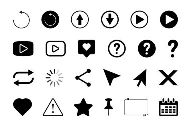 Dijital arayüzler için oyun paylaşımı ve seyrüsefer unsurları gibi eylemleri temsil eden çeşitli siyah beyaz simgeler kümesi.