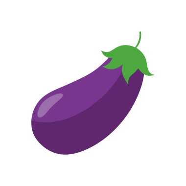 Parlak mor derili, olgun bir patlıcan ve beyaz bir arka planda izole edilmiş taze yeşil bir gövde ve yapraklar..