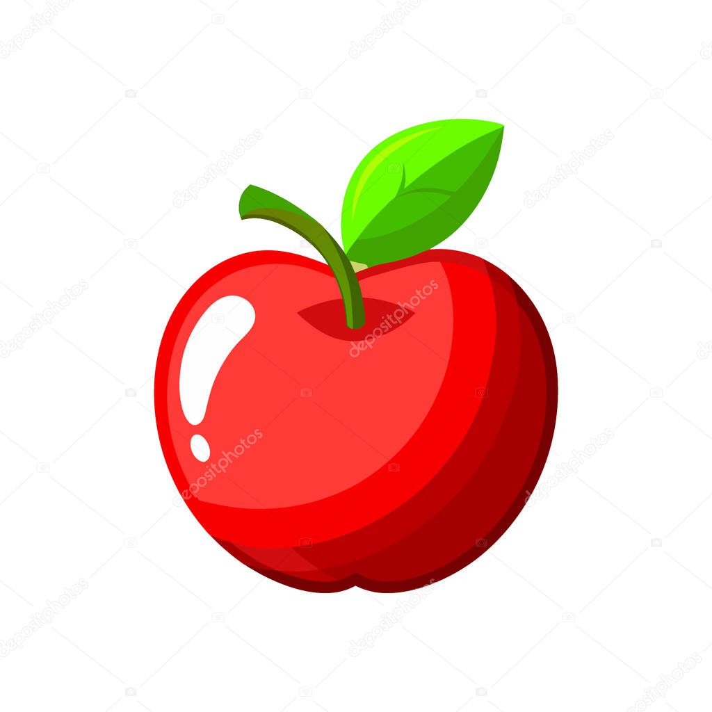 A vibrant, cartoon-style illustration of a bright red apple with a glossy finish, featuring a single green leaf and a brown stem.