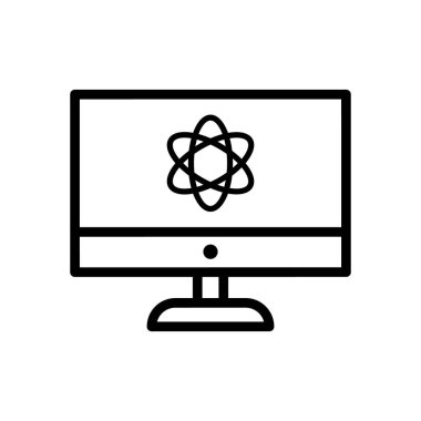 Simple line art icon depicting a computer monitor displaying a stylized atomic symbol, symbolizing quantum computing and scientific advancement.