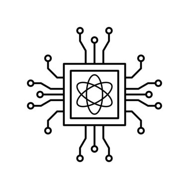 A minimalist line art icon representing quantum computing, merging an atomic structure with digital circuit board elements for a futuristic technological concept.