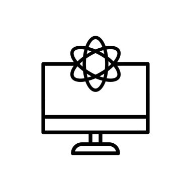 A stylized icon featuring a computer monitor with a quantum atom symbol, symbolizing innovation and the future of computing.