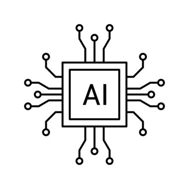A clean, line-art icon representing an AI chip with radiating connections. Perfect for technology, AI, and quantum computing themes.