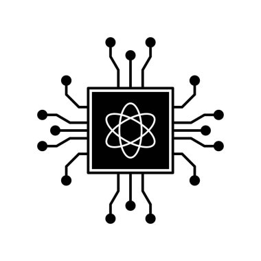A stylized icon of a quantum computing chip featuring an atomic symbol at its core, symbolizing innovation and the next generation of computational power.