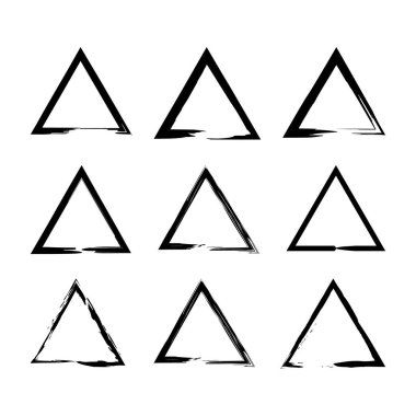 A collection of nine distressed triangle icons in a grid. Each triangle has a rough, brush-like texture, offering a rustic and artistic feel.