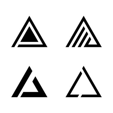 A collection of four distinct abstract triangle icons showcasing modern, geometric design principles suitable for logos and branding applications.