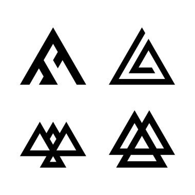 Set of four unique abstract triangle-based symbols. Perfect for logos, icons, and graphic design elements with a modern geometric aesthetic.