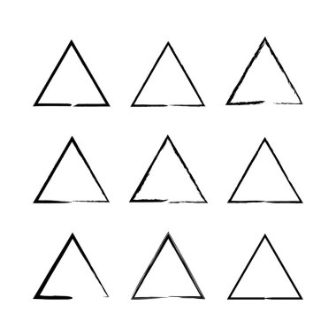 A clean grid arrangement of nine triangle icons, each rendered with a slightly distressed, hand-drawn aesthetic, conveying a sense of organized simplicity.