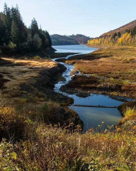 Dağlardaki küçük bir gölün sonbahar manzarası