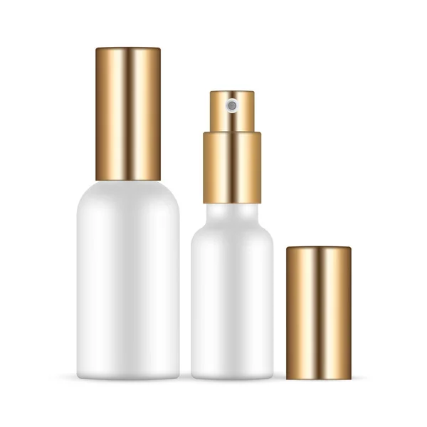 Małe Butelki Kosmetyczne Złotymi Zakrętkami Perfumy Lub Olej Izolowane Białym — Wektor stockowy