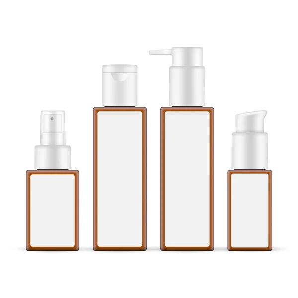 Amber Plastic Packaging Butelki Makiety Czystymi Etykietami Kosmetyki Pielęgnacji Skóry — Wektor stockowy