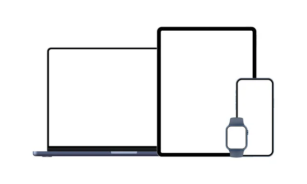 Conjunto Dispositivos Modernos Com Telas Branco Laptop Azul Escuro Tablet — Vetor de Stock