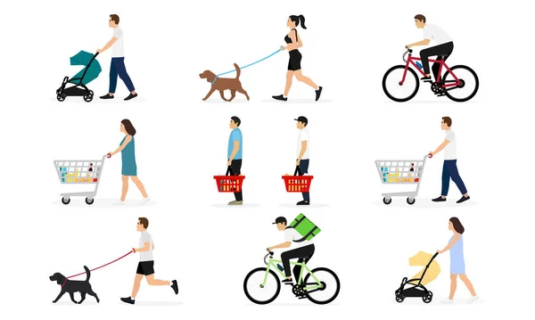 People Walking Baby Strollers Running Dogs Riding Bicycles Standing Line — Stockový vektor