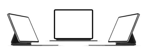 Computadora Tableta Moderna Con Soporte Teclado Vista Frontal Lateral Aislada — Archivo Imágenes Vectoriales