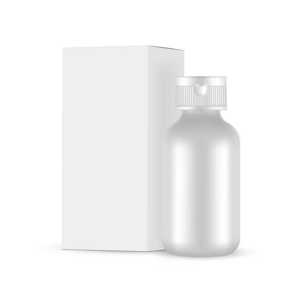 Tomma Kosmetiska Flaska Med Skruvlock Paper Box Side View Isolerad — Stock vektor