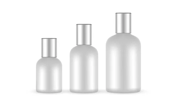 Set Leere Flaschen Für Kosmetikflüssigkeit Isoliert Auf Weißem Hintergrund Vektorillustration — Stockvektor