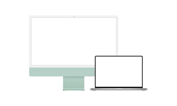 Monitor Computador Verde Prata Moderno Laptop Com Telas Branco Isolado — Vetor de Stock