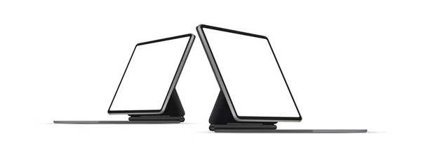 Tablet Computador Com Suporte Teclado Vista Lateral Perspectiva Isolado Fundo —  Vetores de Stock