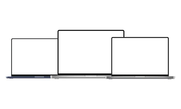 Laptops Prata Espaço Cinza Mockups Azul Escuro Com Telas Branco —  Vetores de Stock