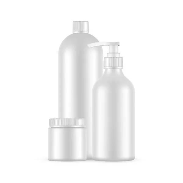 Leere Plastikflaschen Und Glas Mockup Isoliert Auf Weißem Hintergrund Vektorillustration — Stockvektor