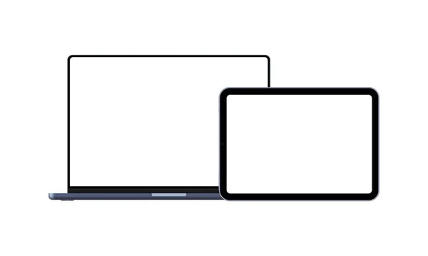 Computador Portátil Azul Tablet Horizontal Com Telas Branco Isolado Fundo —  Vetores de Stock