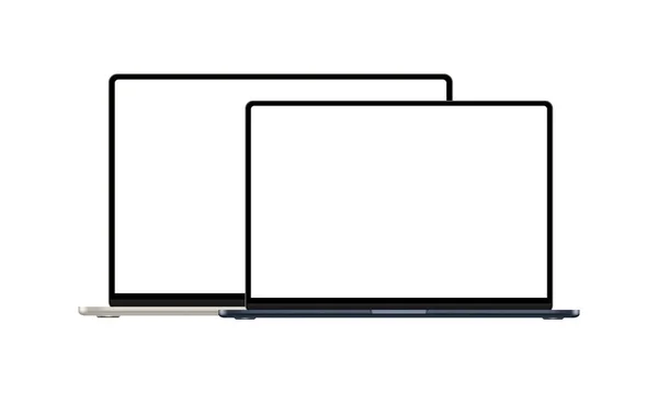 Laptops Modernos Golden Dark Blue Mockup Vista Frontal Telas Branco —  Vetores de Stock