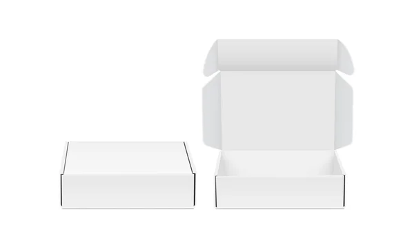Leere Verpackungsboxen Geöffnet Geschlossen Vorderansicht Isoliert Auf Weißem Hintergrund Vektorillustration — Stockvektor