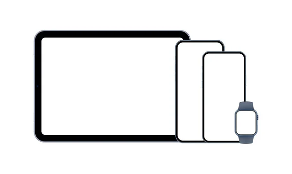 Dispositivos Móveis Tablet Computer Smartphones Relógio Pulso Telas Branco Ilustração — Vetor de Stock