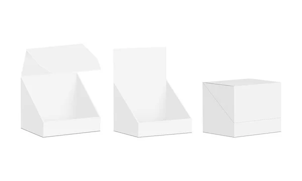 Vierkante Teller Display Box Mockup Geopend Gesloten Geïsoleerd Witte Achtergrond — Stockvector