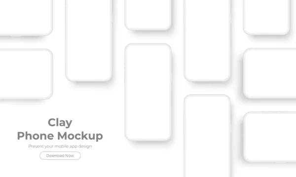 Telefones Clay Com Telas Branco Mockup Para Mobile App Design — Vetor de Stock