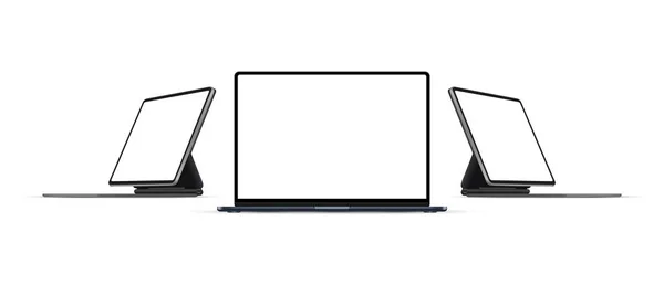 Computador Portátil Mockup Tablet Com Suporte Teclado Telas Branco Ilustração —  Vetores de Stock