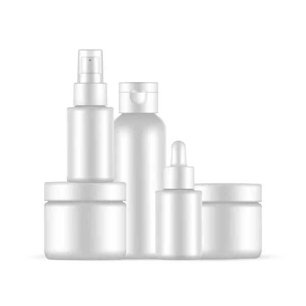 Blank Cosmetic Packaging Mockup Słoiki Kroplomierz Spray Flip Cap Bottle — Wektor stockowy