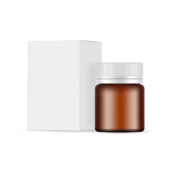 Liten Amber Medical Kan Mockup Med Förpackning Låda Isolerad Vit — Stock vektor