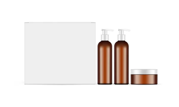 Cosmetic Gift Set Box Amber Pump Bottles Cream Jar Isolated — Stock Vector