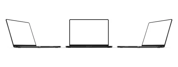 stock vector Modern Black Laptop Mockup, Front And Side View, Blank Screens, Isolated On White Background. Vector Illustration