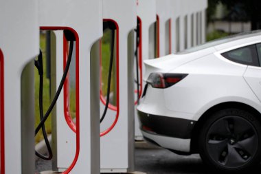Elektrikli bir araba şarj istasyonunda pillerini şarj ediyor.