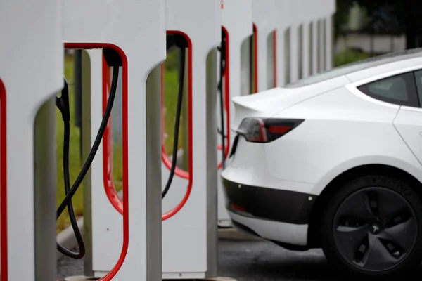 Elektrikli bir araba şarj istasyonunda pillerini şarj ediyor.